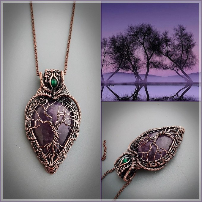 AMETHYST COPPER WRAPPED TREE OF LIFE POINT NECKLACE 