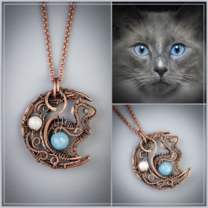 Aquamarine and moonstone cat necklace